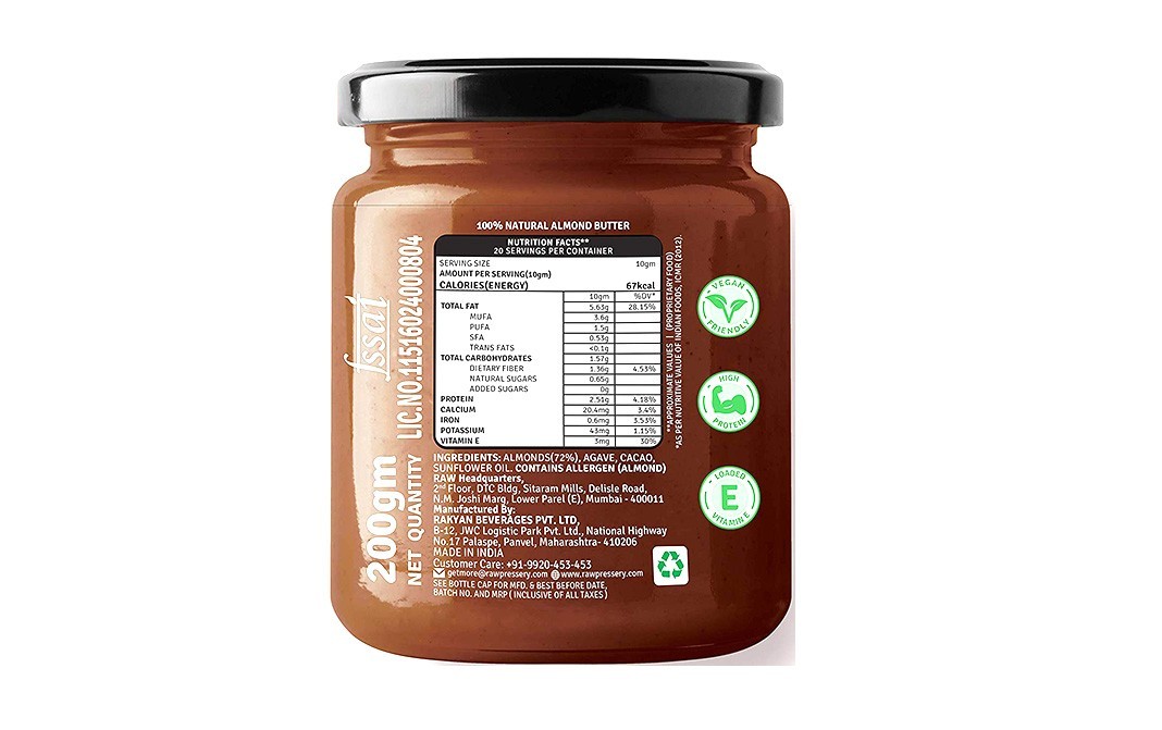 Raw Pressery Almond Butter, Cacao   Glass Jar  200 grams